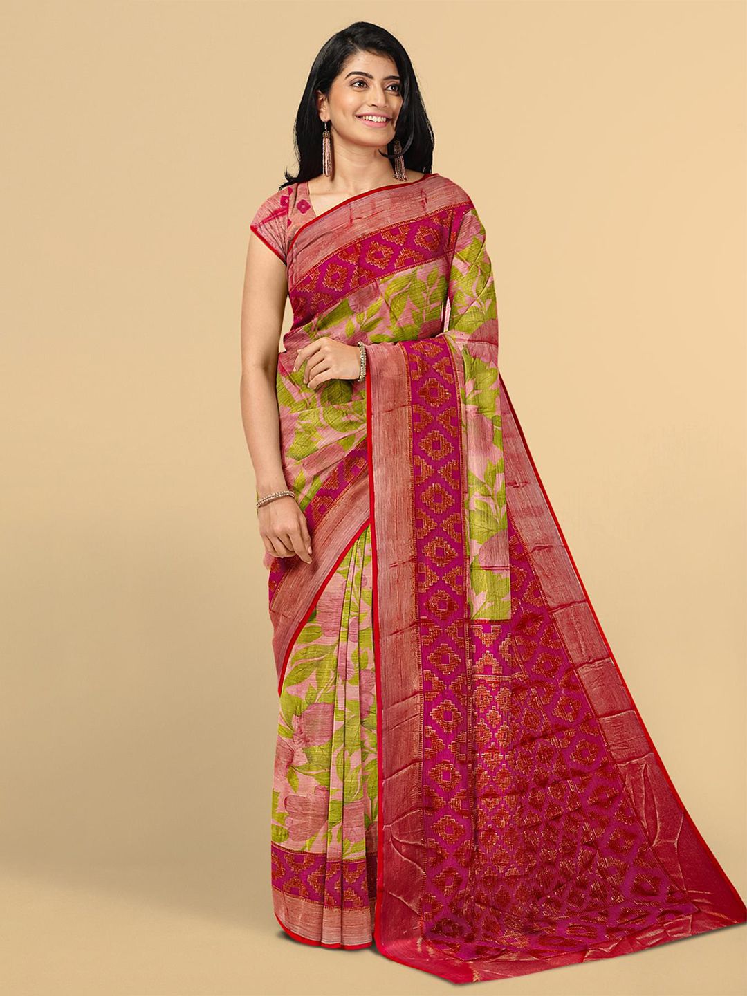 Kalamandir Olive Green & Red Floral Silk Blend Saree Price in India