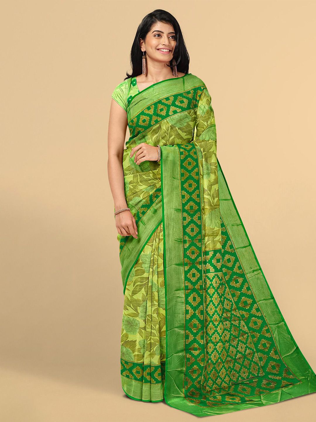 Kalamandir Olive Green Floral Zari Silk Blend Saree Price in India