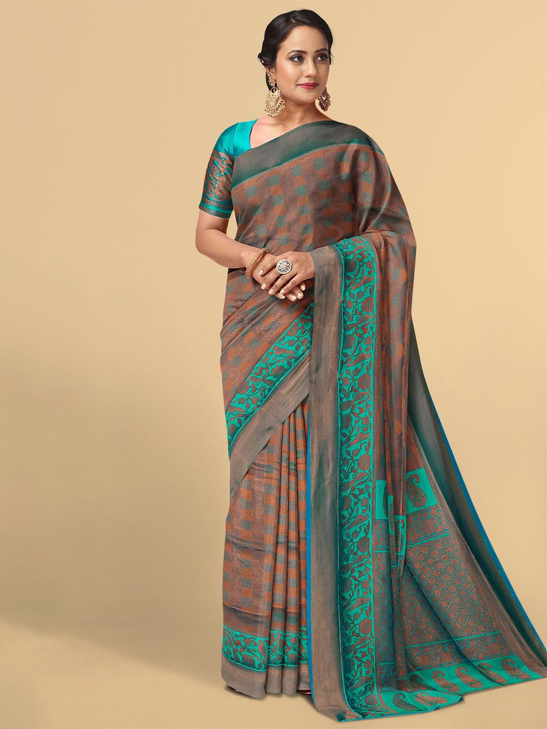 Kalamandir Blue & Brown Floral Zari Silk Blend Saree Price in India
