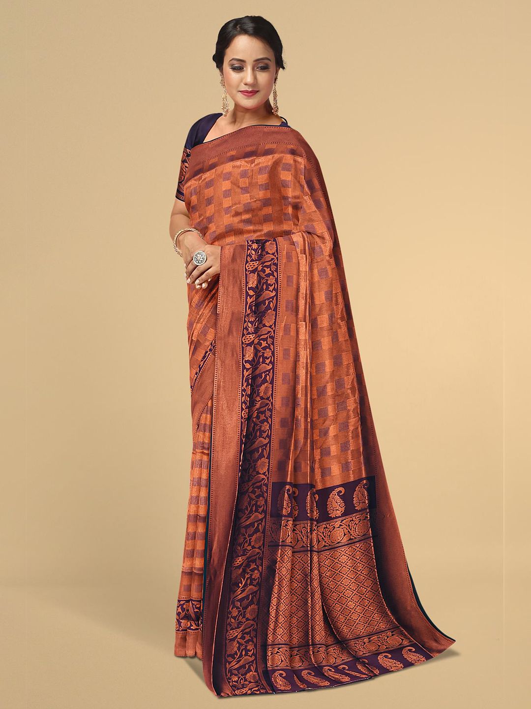 Kalamandir Brown Checked Zari Silk Blend Saree Price in India