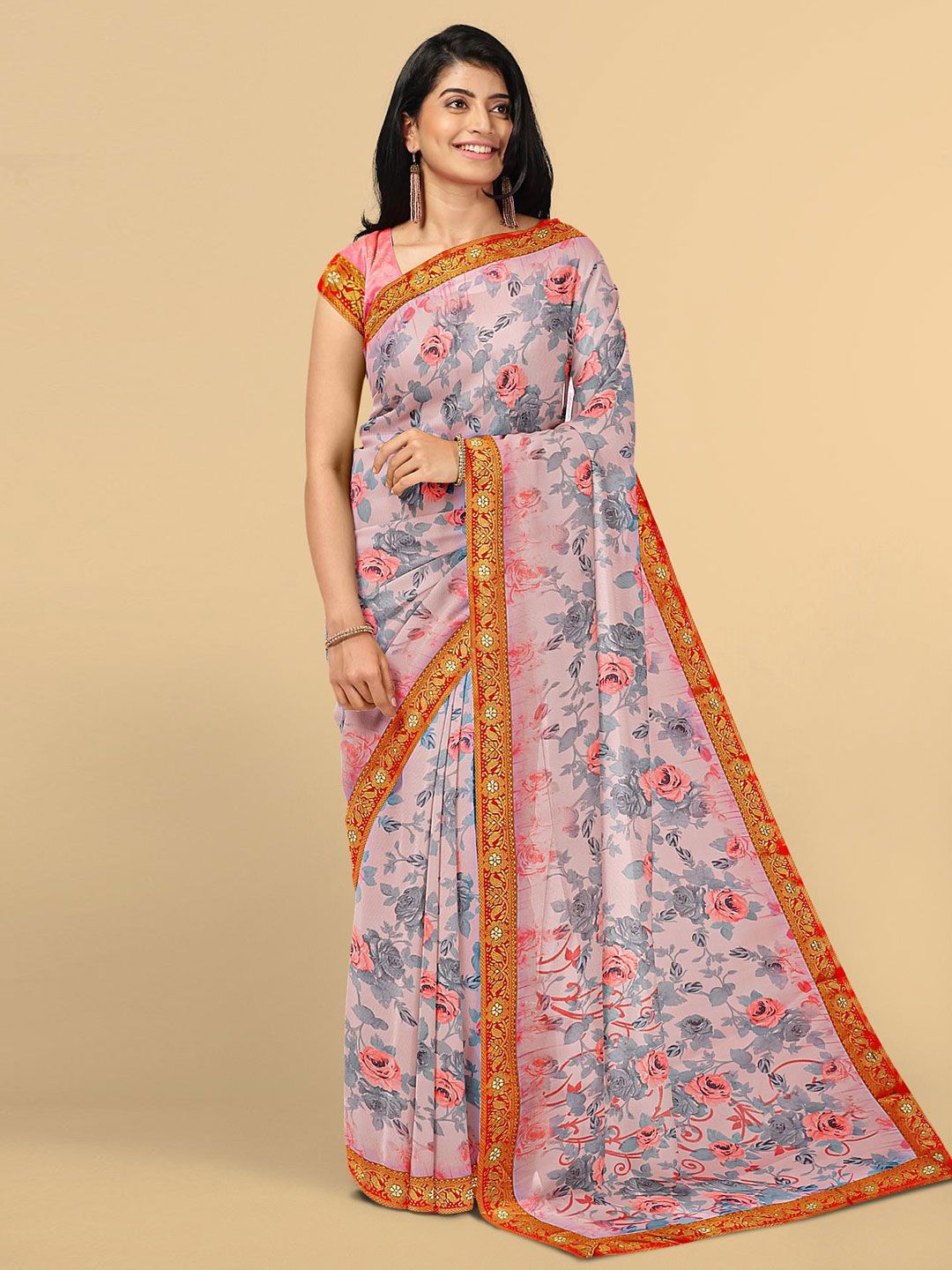 Kalamandir Pink & Grey Floral Saree Price in India
