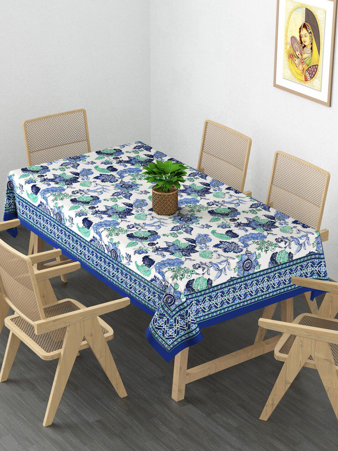 Gulaab Jaipur Blue Printed 6-Seater Rectangle Cotton Table Cover Price in India