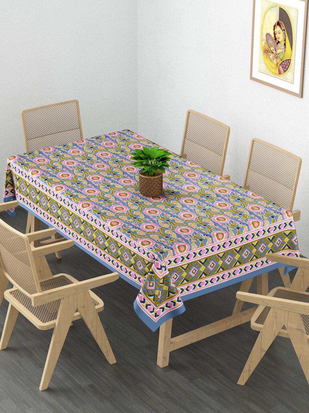 Gulaab Jaipur Blue & Pink Printed 6-Seater Table Cover Price in India