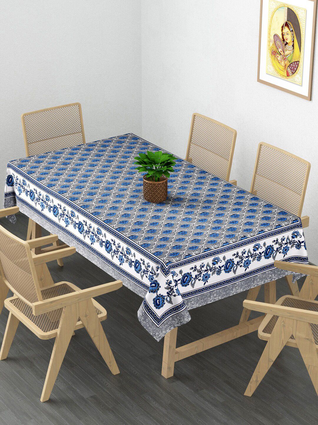 Gulaab Jaipur Blue & White Printed Cotton 6-Seater Table Cover Price in India
