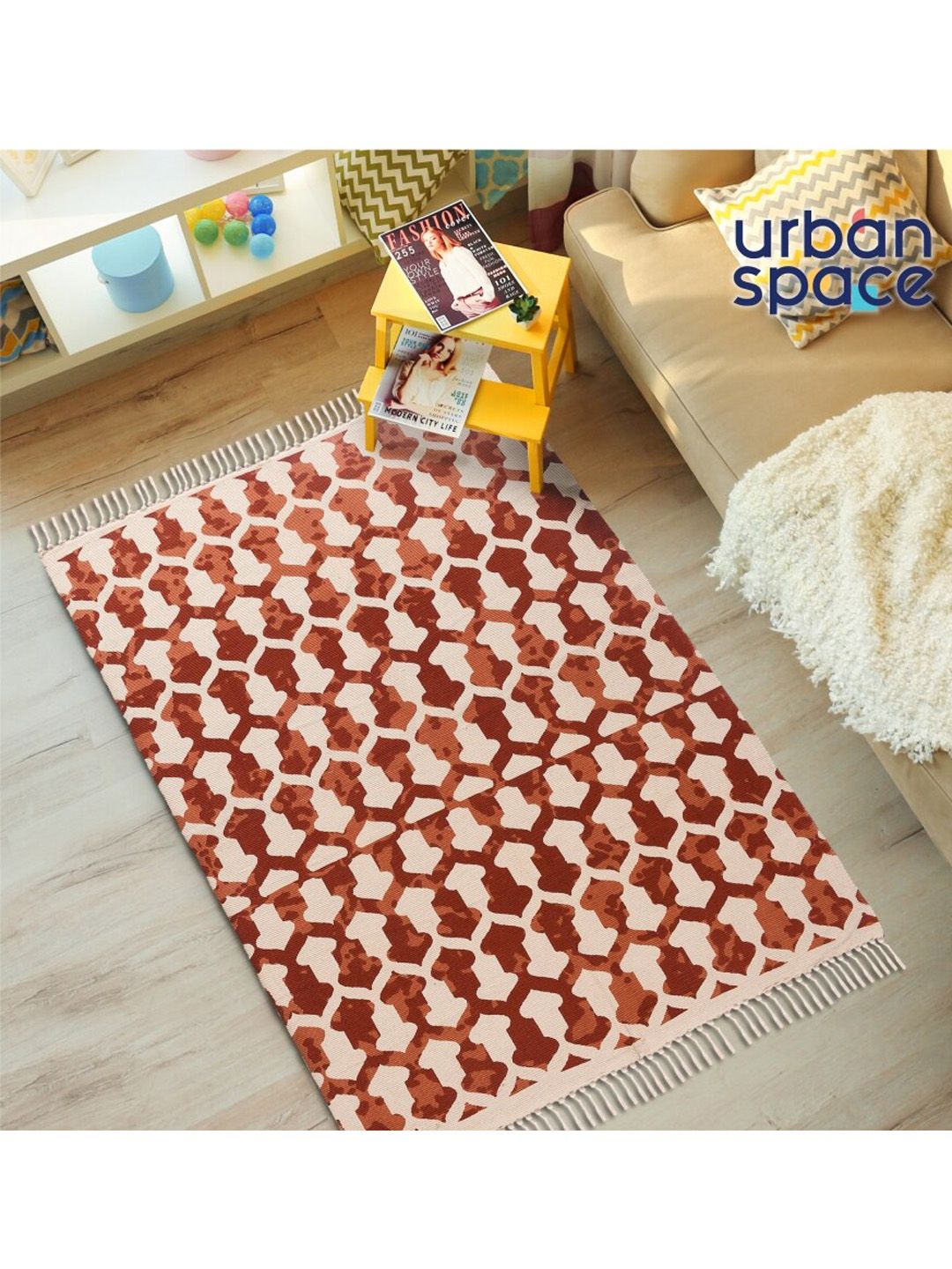 URBAN SPACE Rust & Beige Bohemian Cotton Rug Price in India