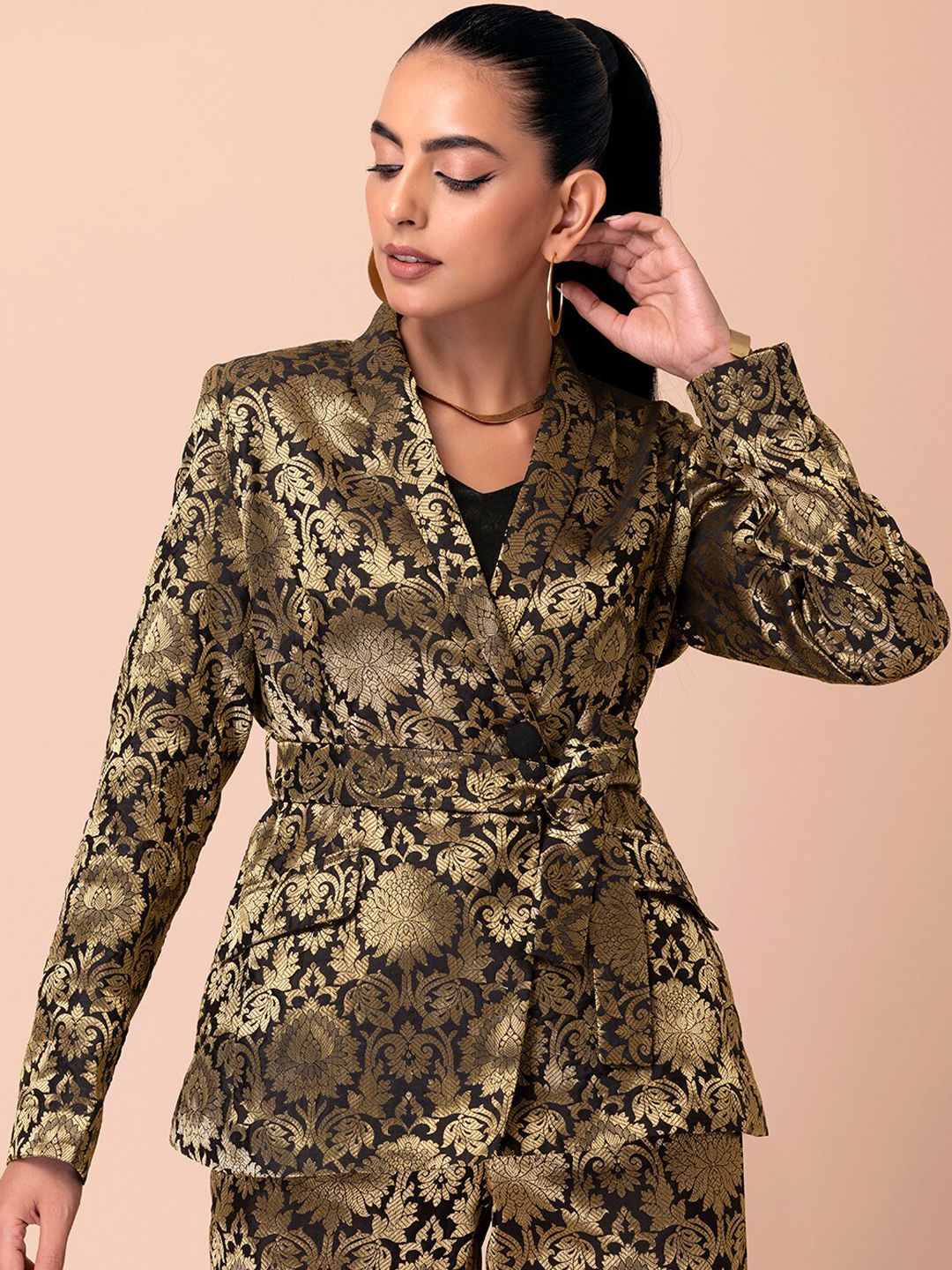 INDYA X ASHISH SONI Women Black Brocade Belted Blazer Price in India