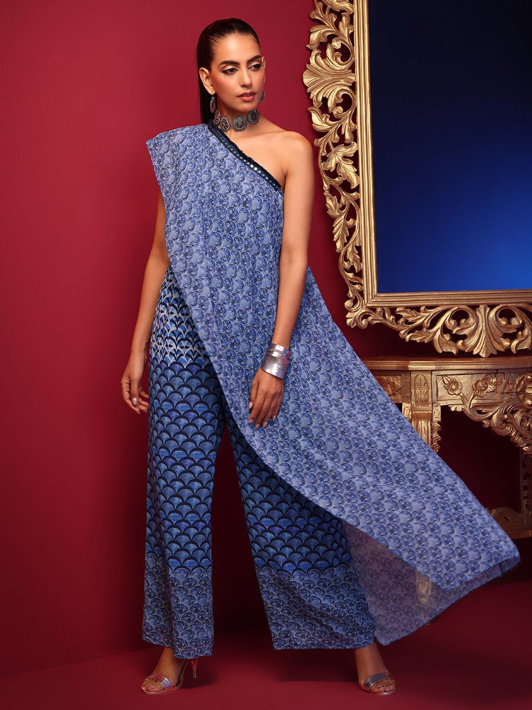 INDYA Women Blue & White Printed One Shoulder Basic Jumpsuit Price in India