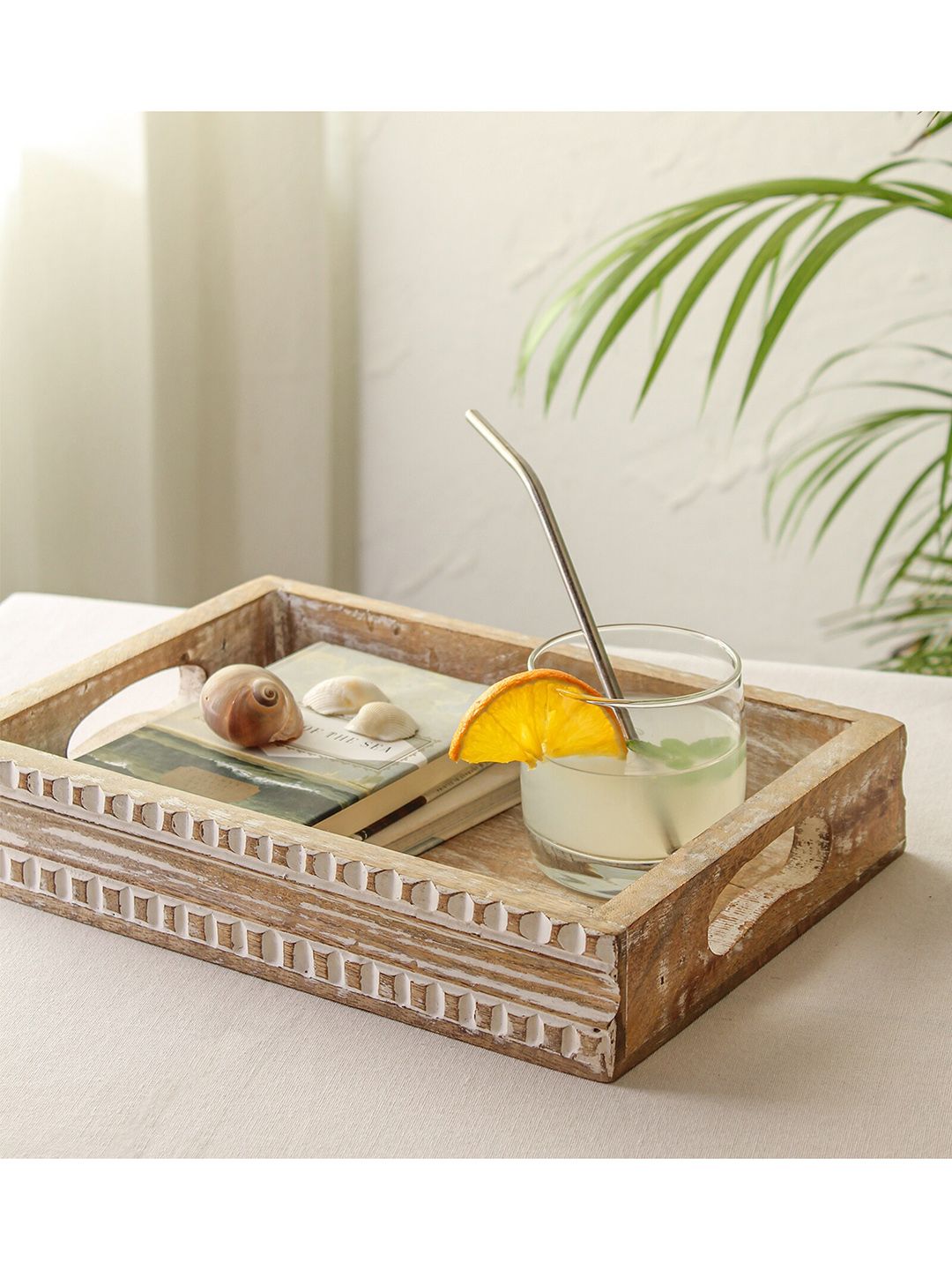 House This White & Beige Textured Wooden Serving Trays Price in India