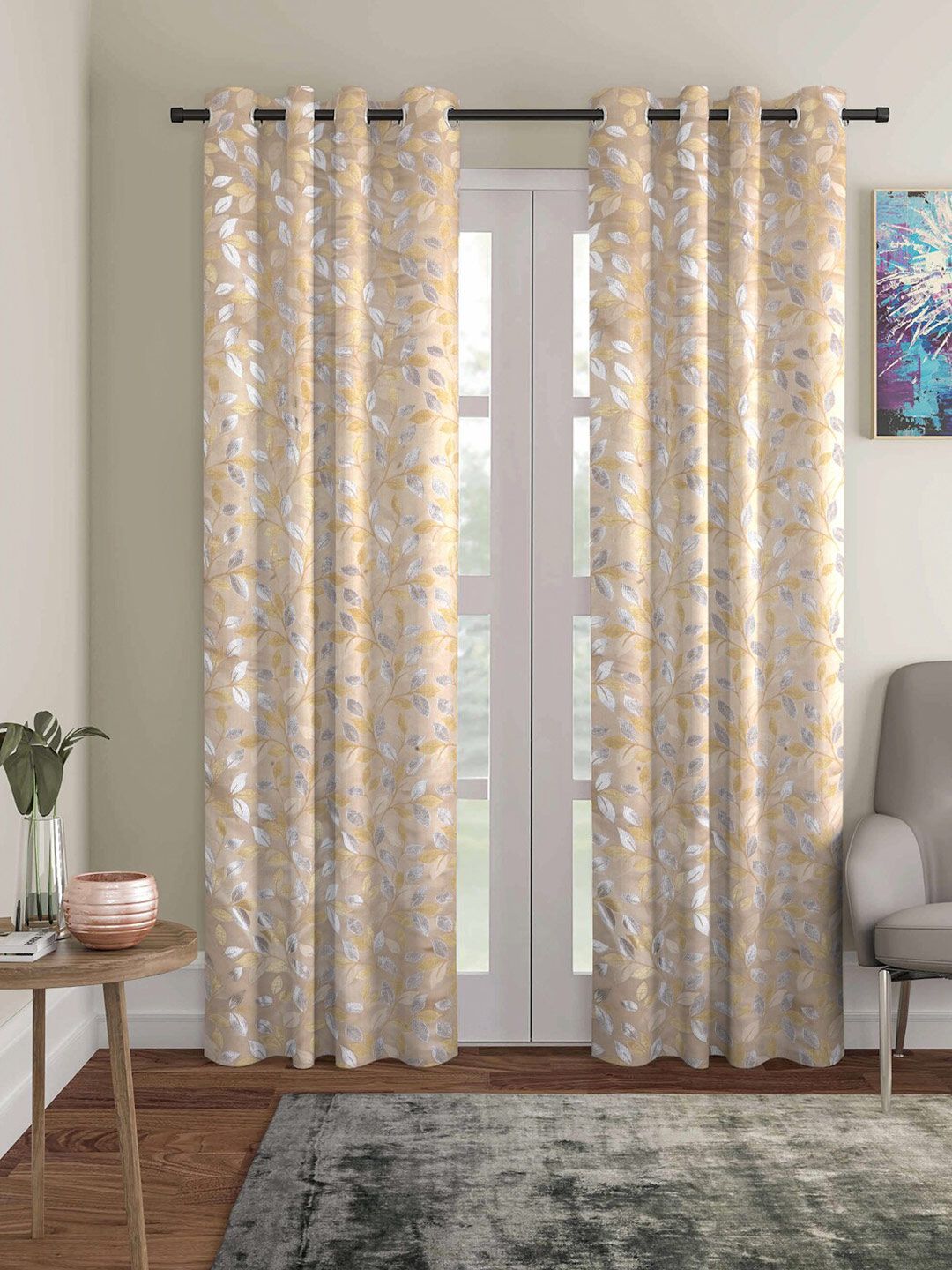 ROMEE Gold-Toned Set of 2 Floral Room Darkening Door Curtain Price in India