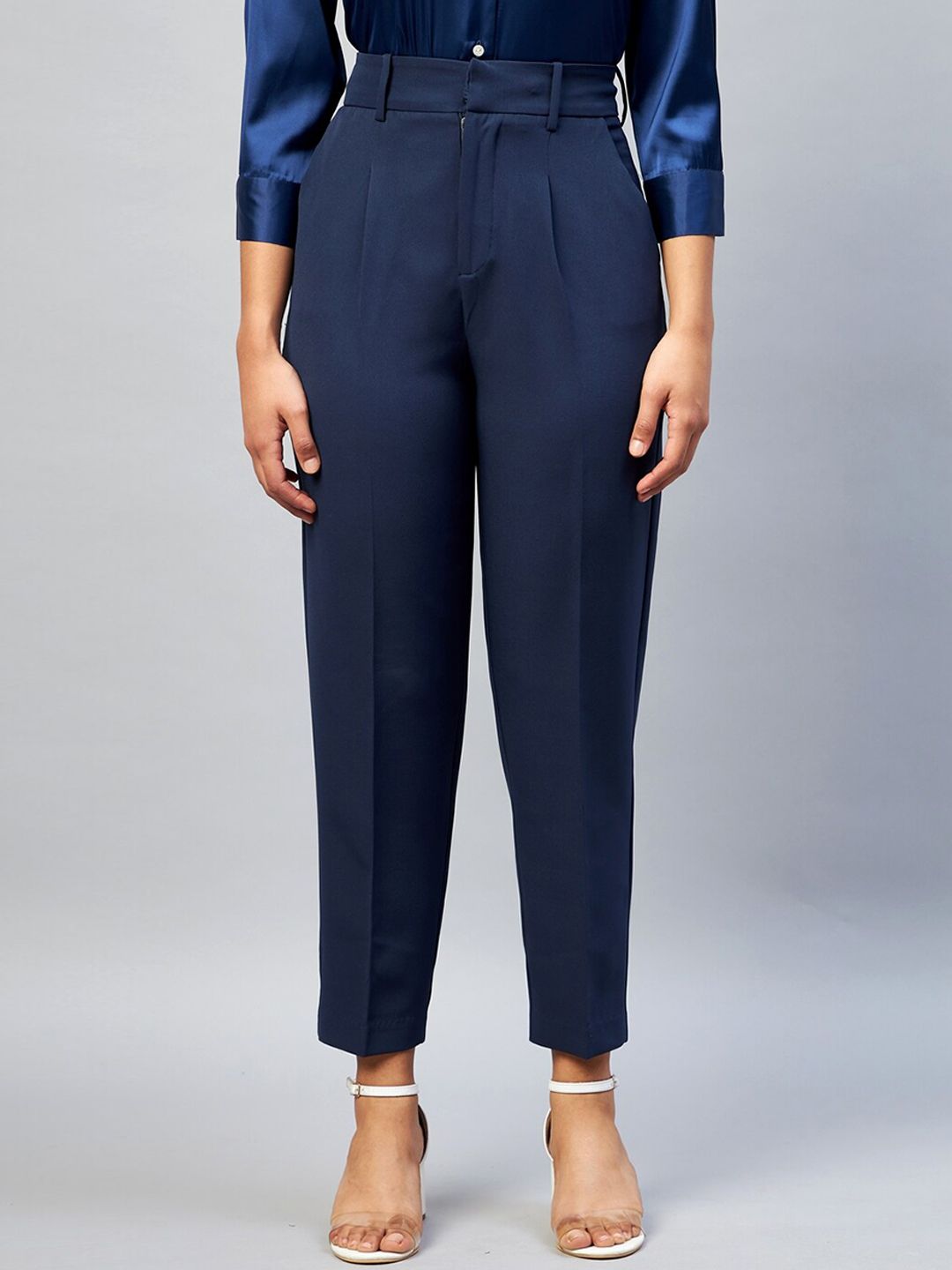 DELAN Women Navy Blue Relaxed Slim Fit High-Rise Easy Wash Trousers Price in India