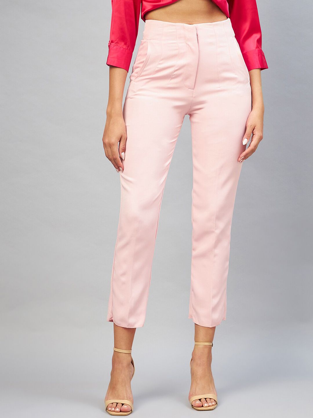 DELAN Women Pink Relaxed Slim Fit High-Rise Trousers Price in India