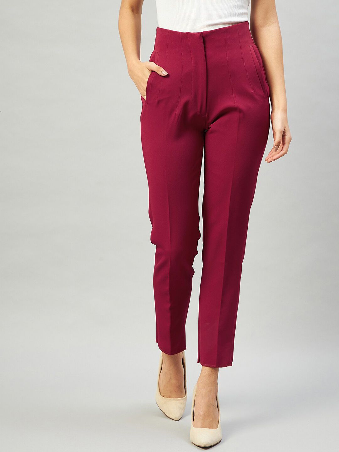 DELAN Women Maroon Solid Slim Fit High-Rise Trouser Price in India