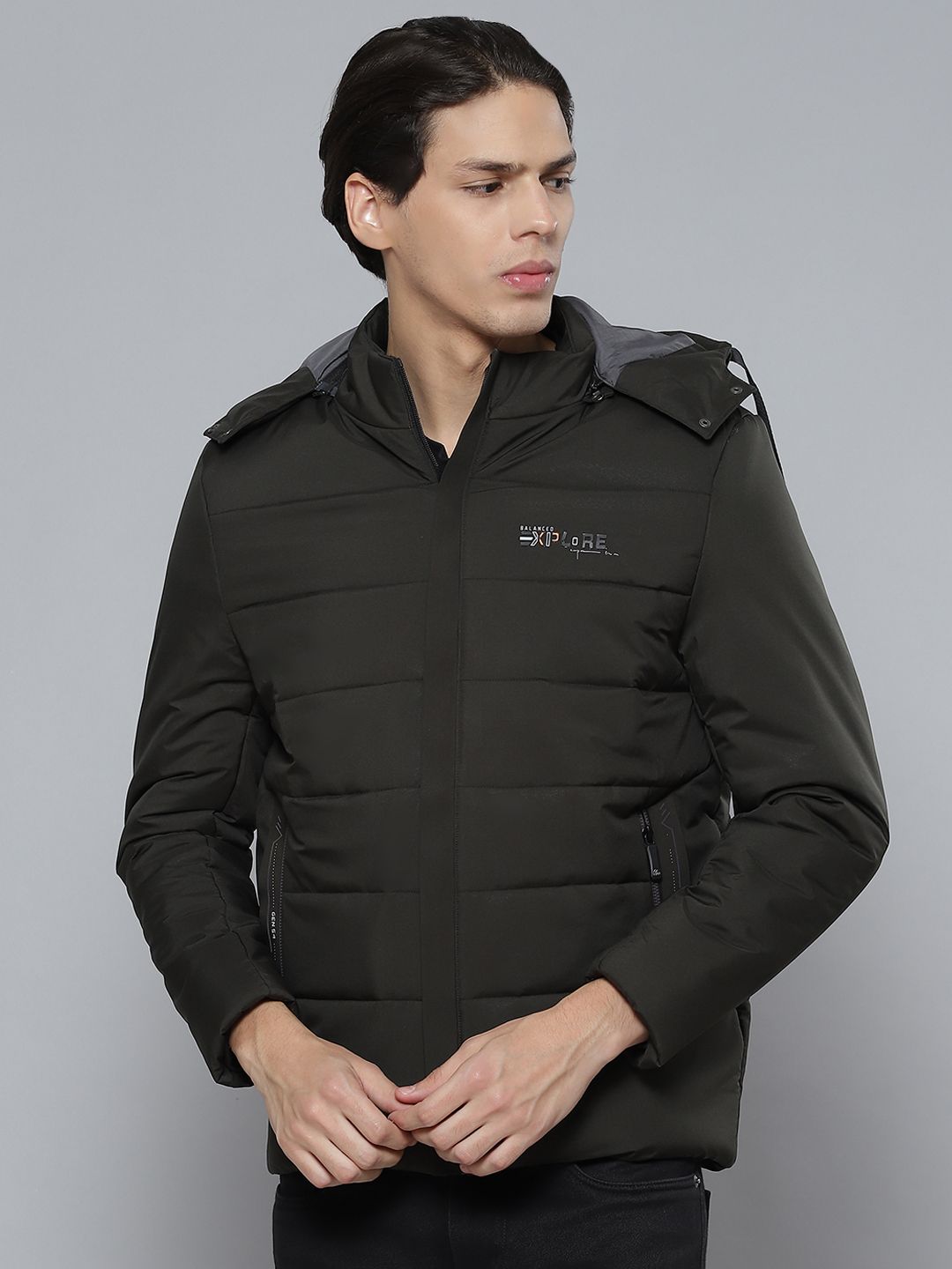 Fort Collins Men Olive Green Solid Padded Jacket with Detachable Hood