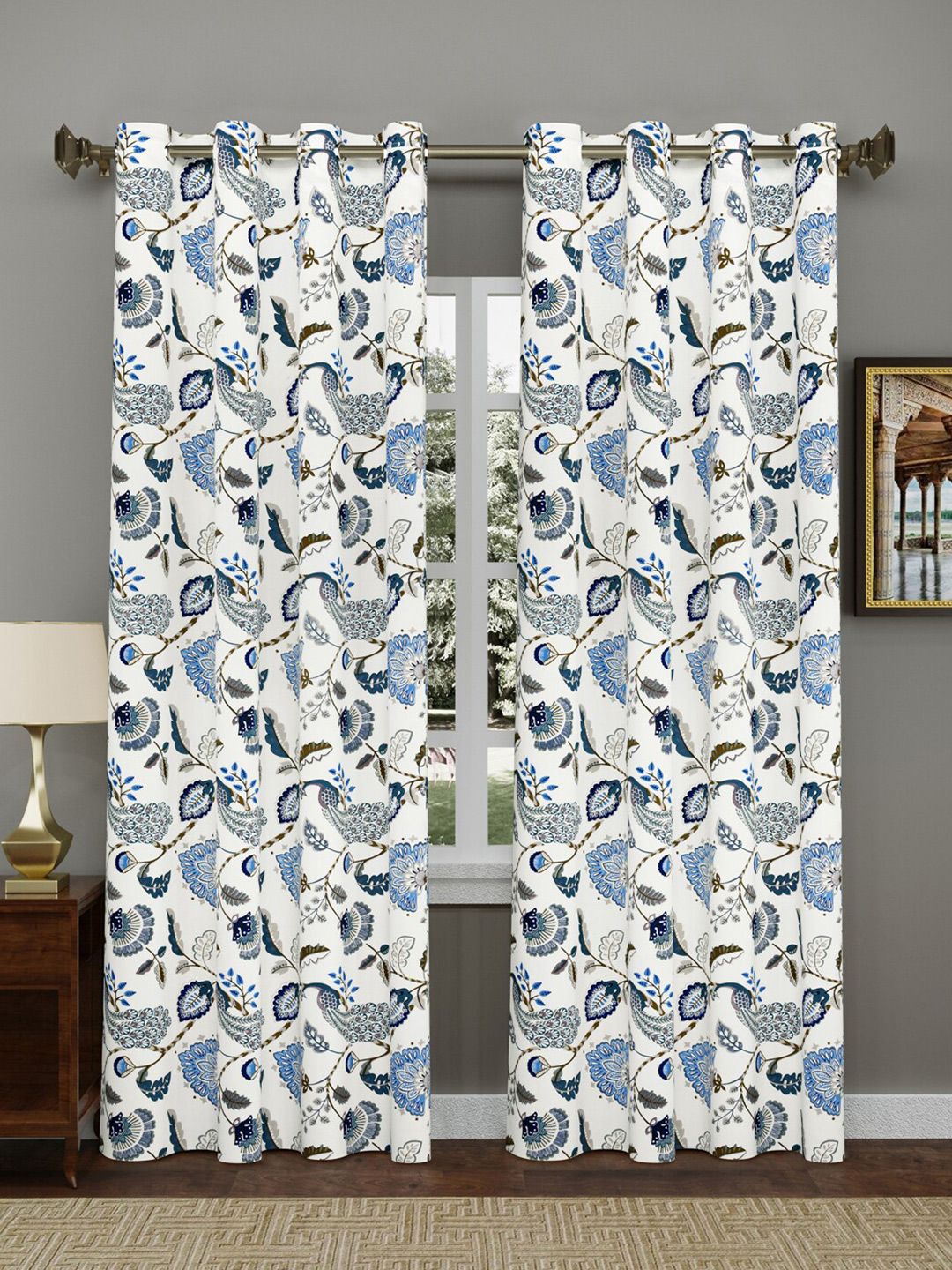 Gulaab Jaipur White & Blue Set of 2 Floral Door Curtain Price in India