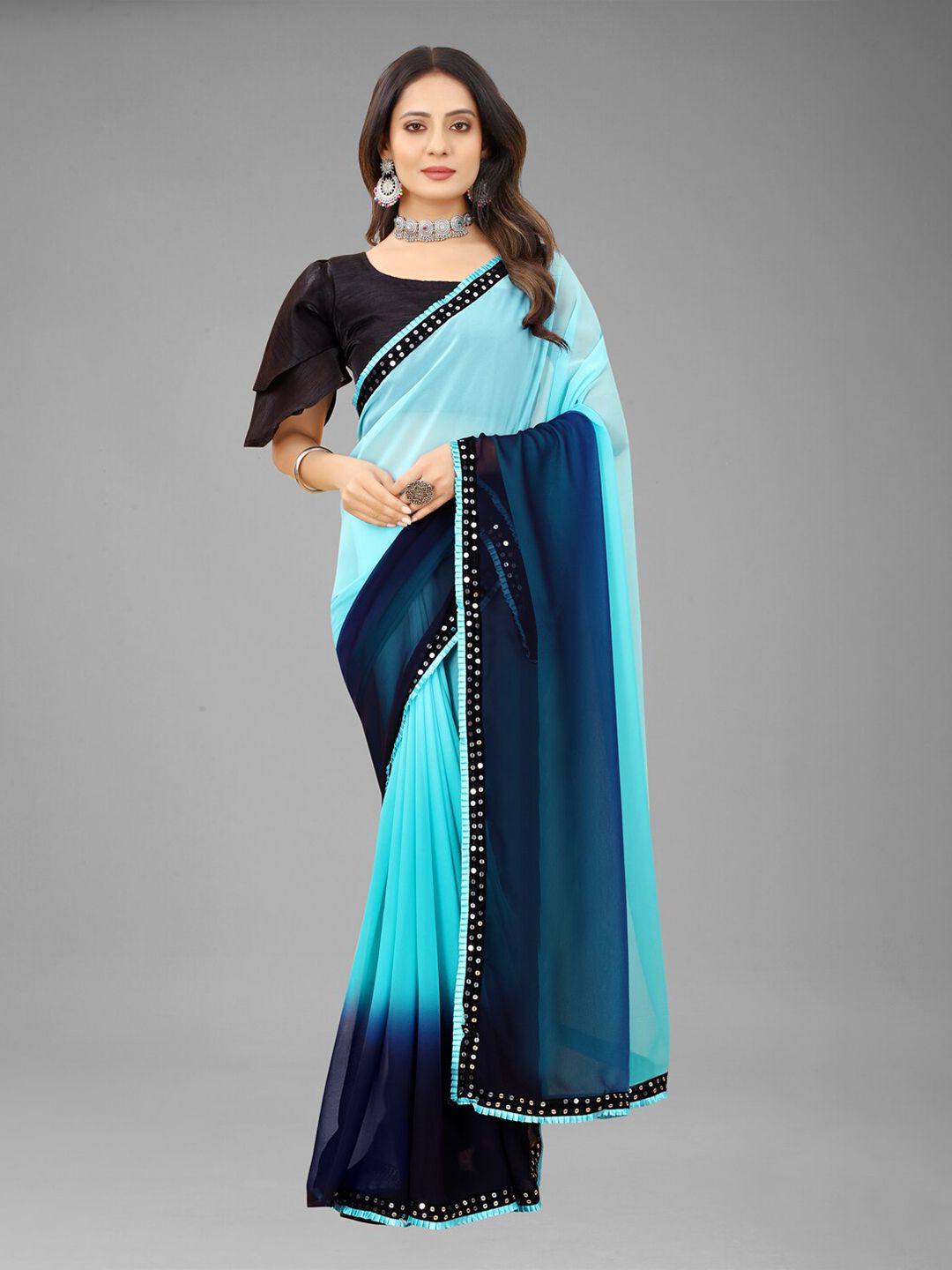 Omicron Fab Blue Pure Georgette Saree Price in India