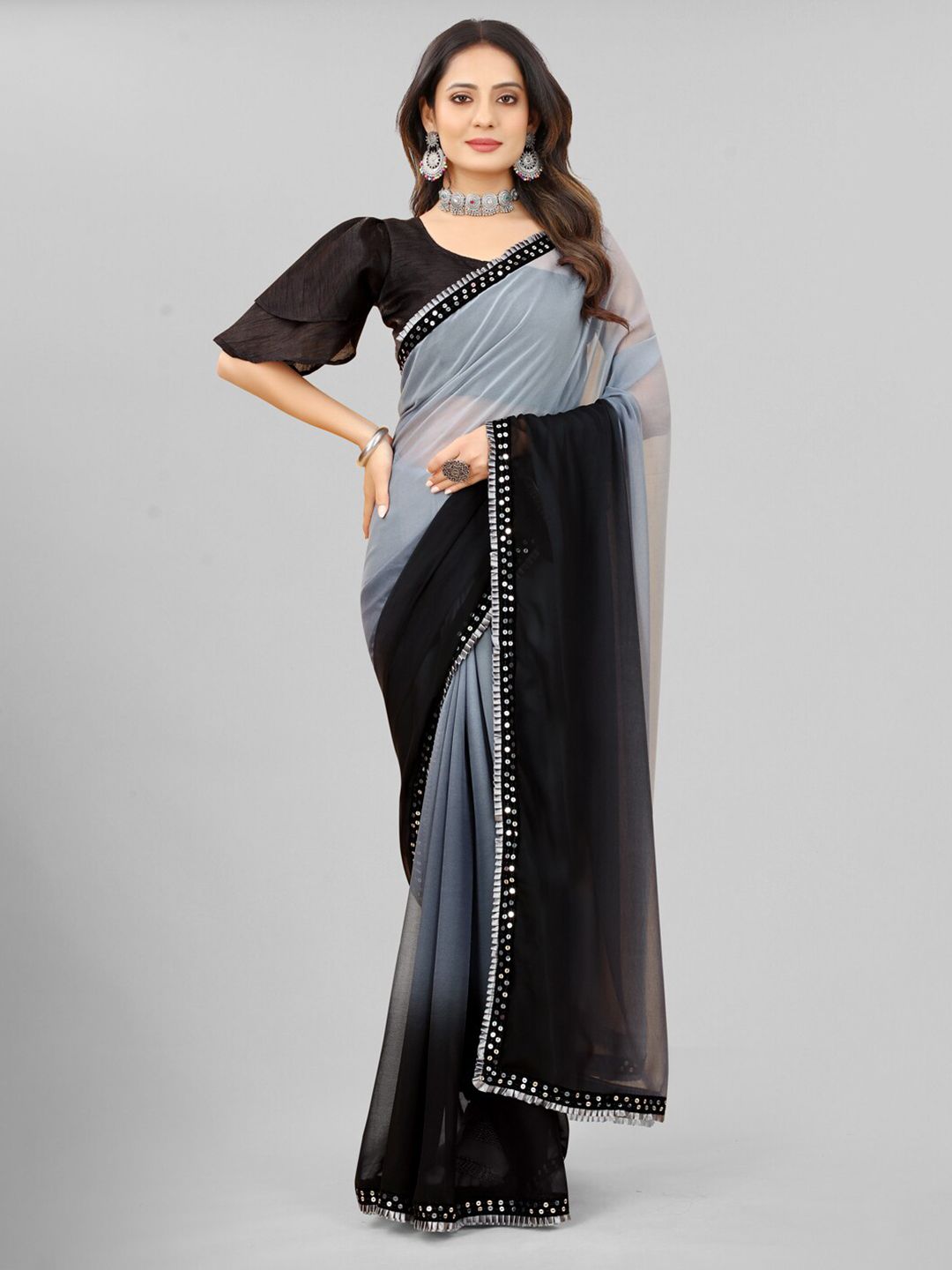 Omicron Fab Grey & Black Colourblocked Pure Georgette Saree Price in India