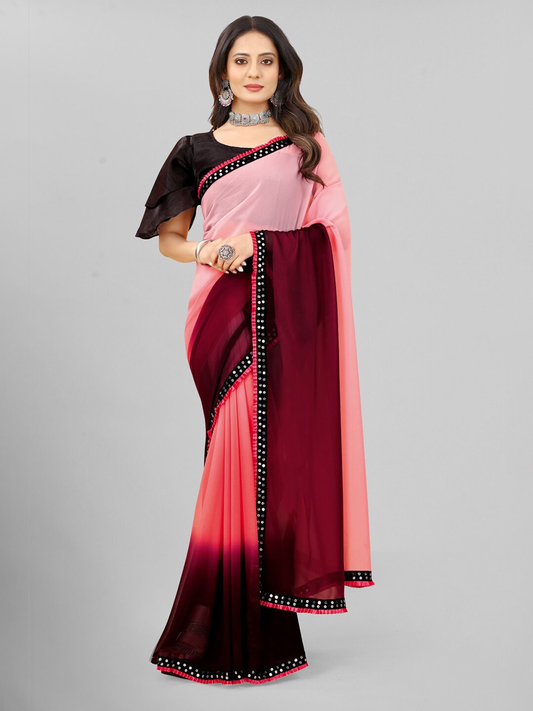 Omicron Fab Peach-Coloured & Black Ombre Pure Georgette Saree With Lace Work Saree Price in India
