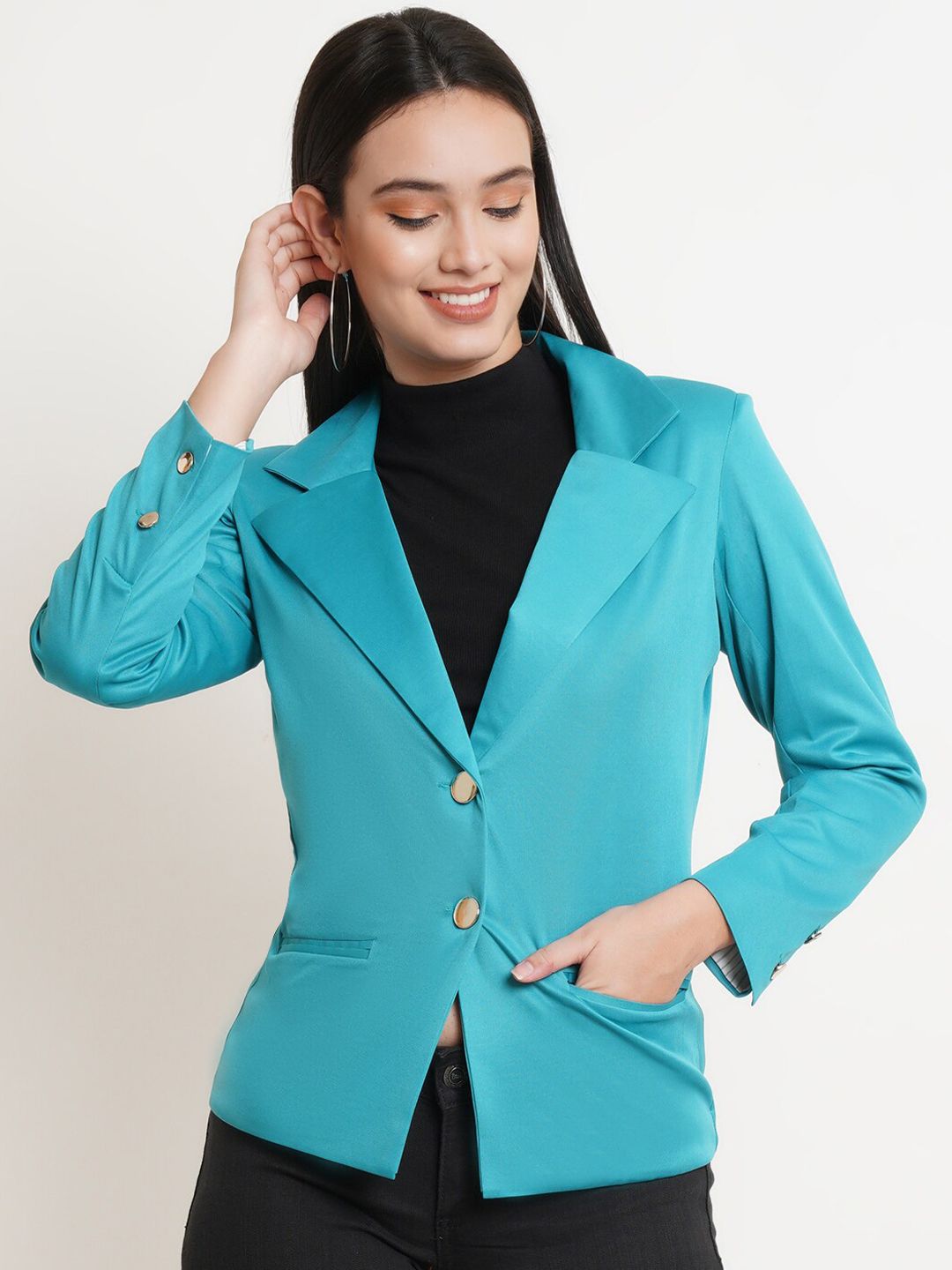 Purple State Women Light Blue Solid Single-Breasted Slim-Fit Casual Blazer Price in India