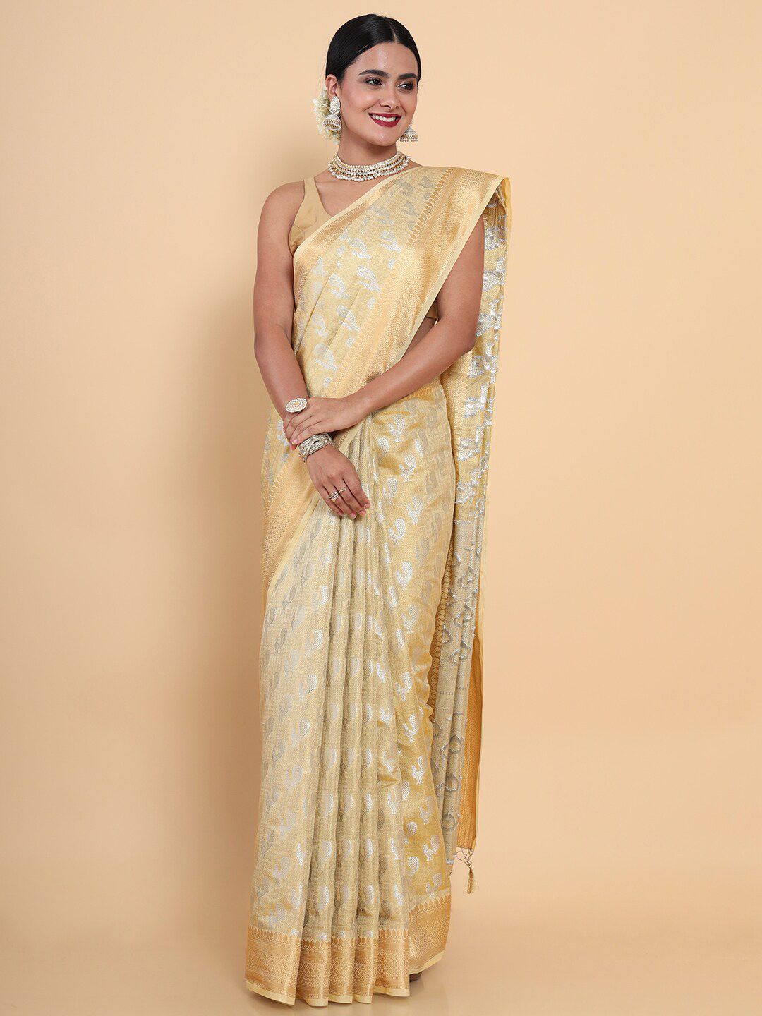 MIMOSA Cream-Coloured & Gold-Toned Paisley Zari Art Silk Kasavu Saree Price in India