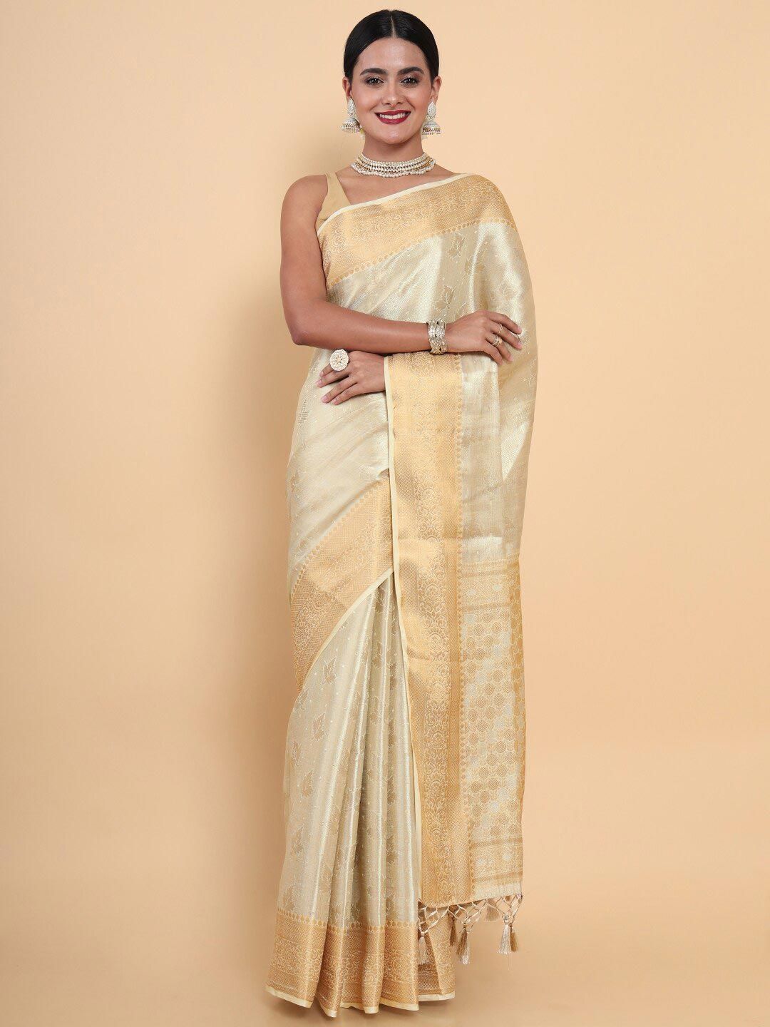 MIMOSA Cream-Coloured & Gold-Toned Floral Zari Art Silk Kasavu Saree Price in India