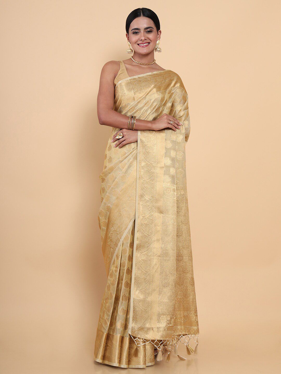 MIMOSA Cream-Coloured & Gold-Toned Floral Zari Art Silk Kasavu Saree Price in India