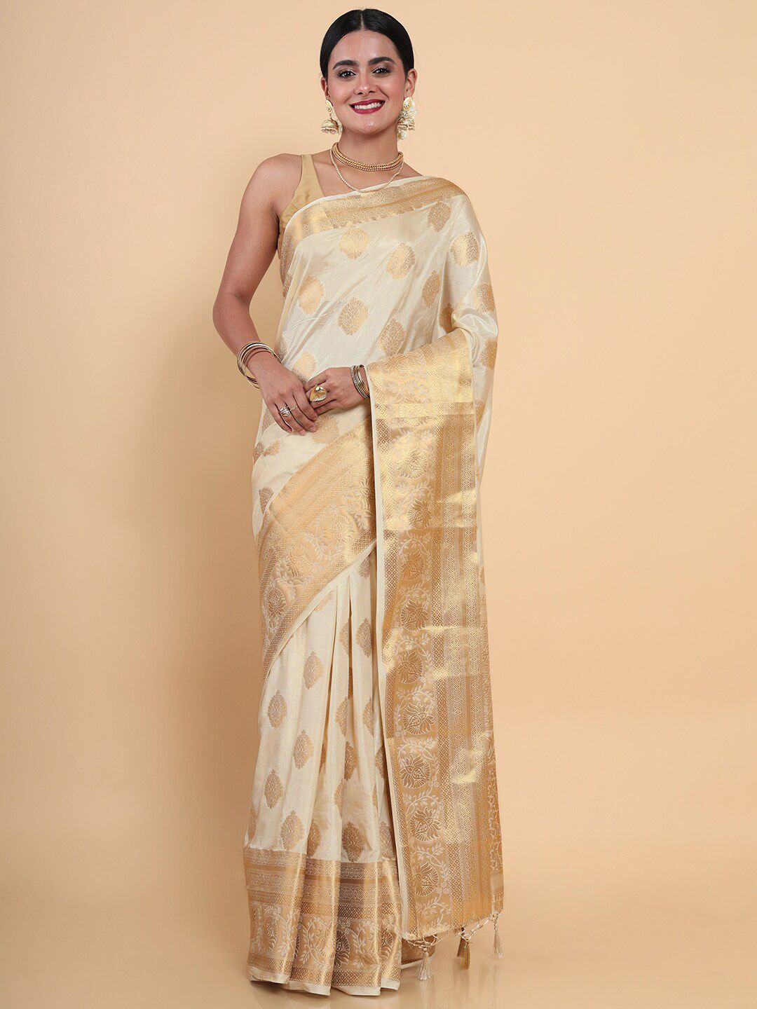 MIMOSA Cream-Coloured & Gold-Toned Ethnic Motifs Art Silk Kasavu Saree Price in India