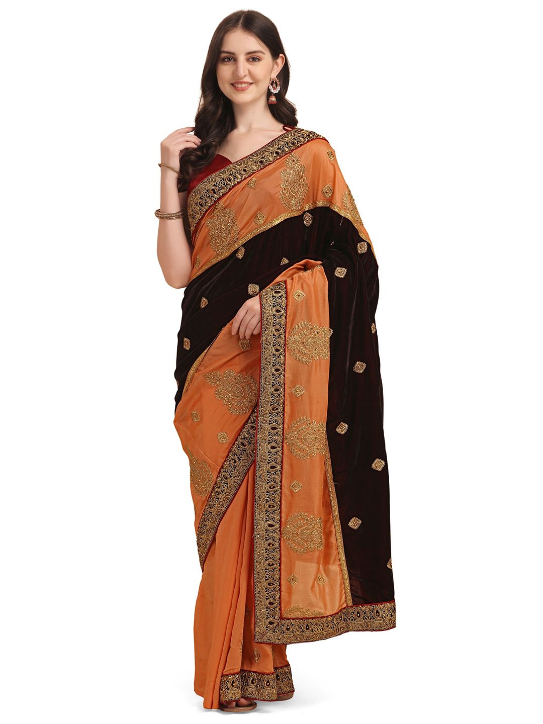 Vaidehi Fashion Maroon & Black Ethnic Motifs Embroidered Velvet Saree Price in India