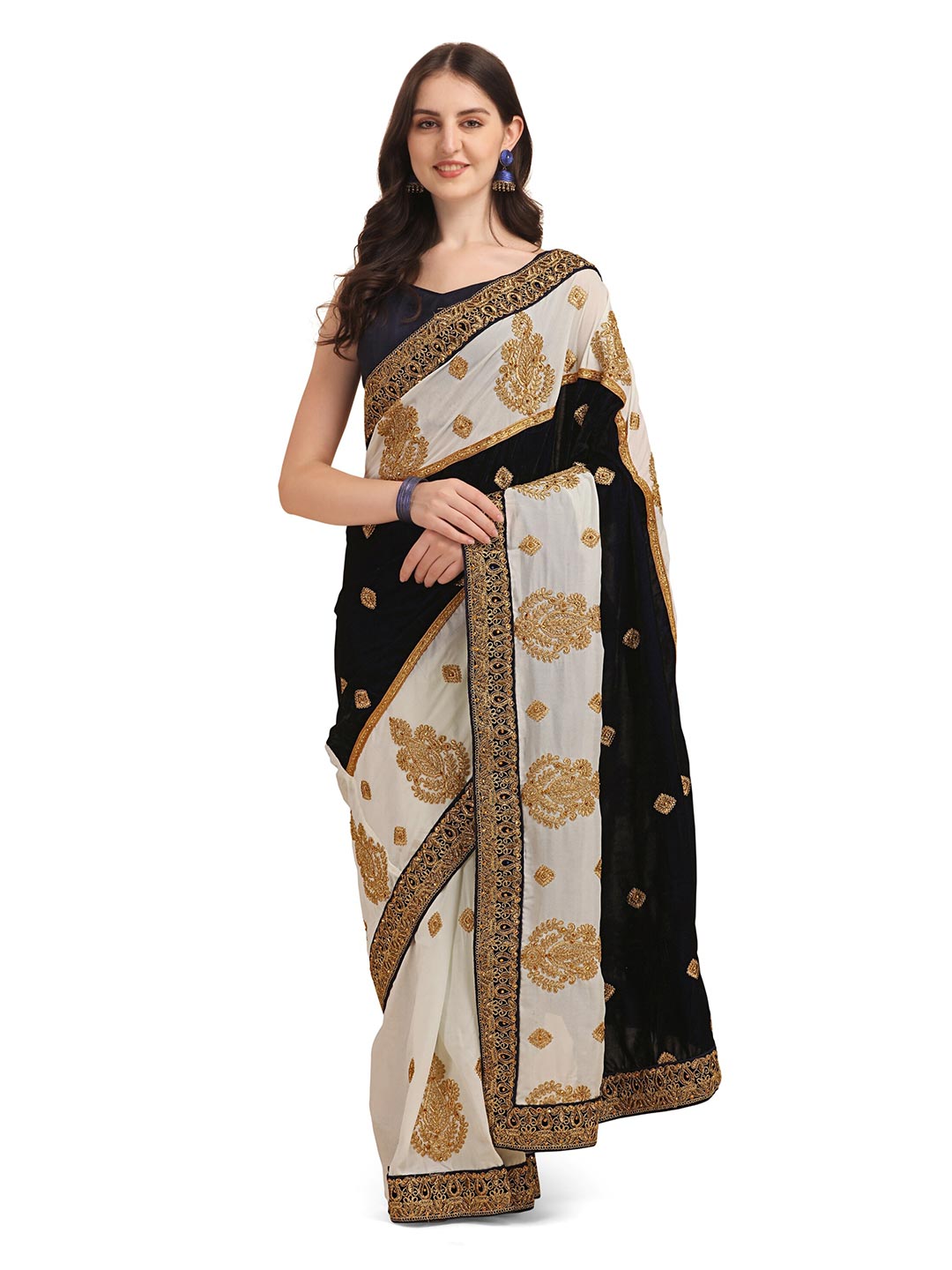 Vaidehi Fashion Blue & Off White Ethnic Motifs Embroidered Velvet Saree Price in India