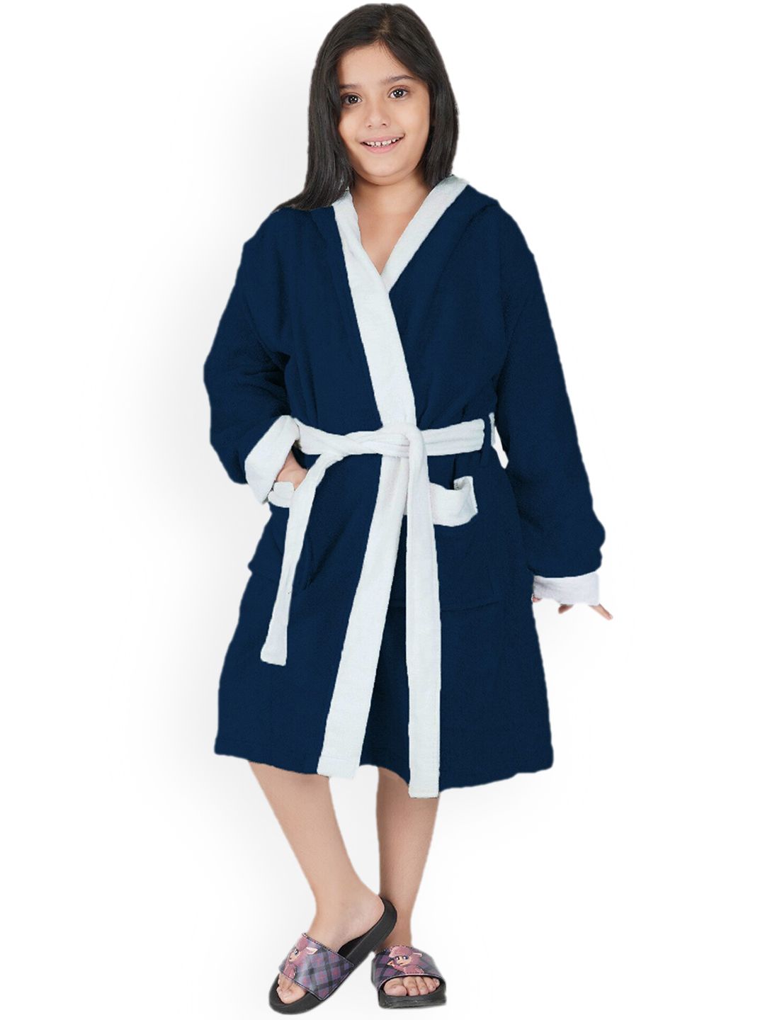 RANGOLI Kids Navy Blue Solid Pure Cotton Hooded Bath Robe