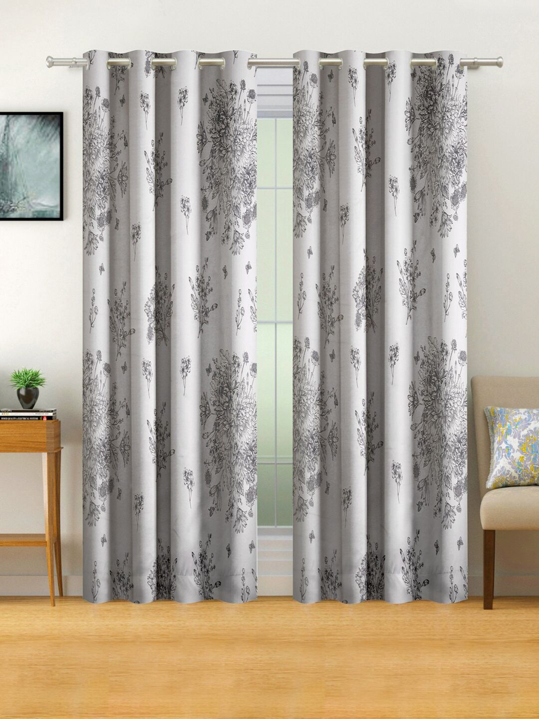 SWAYAM Grey & White Floral Black Out Long Door Curtain Price in India