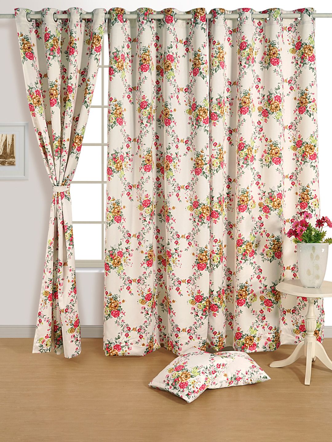 SWAYAM Cream-Coloured & Red Floral Black Out Door Curtain Price in India