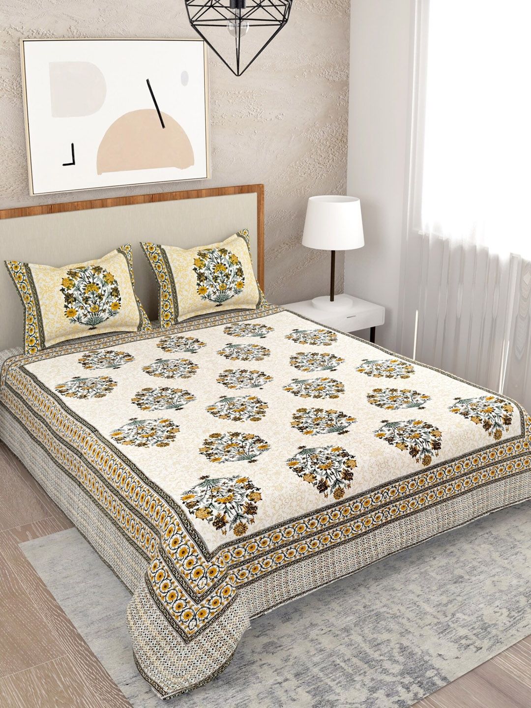 Salona Bichona Beige & Yellow Ethnic Motifs 120 TC Queen Bedsheet with 2 Pillow Covers Price in India
