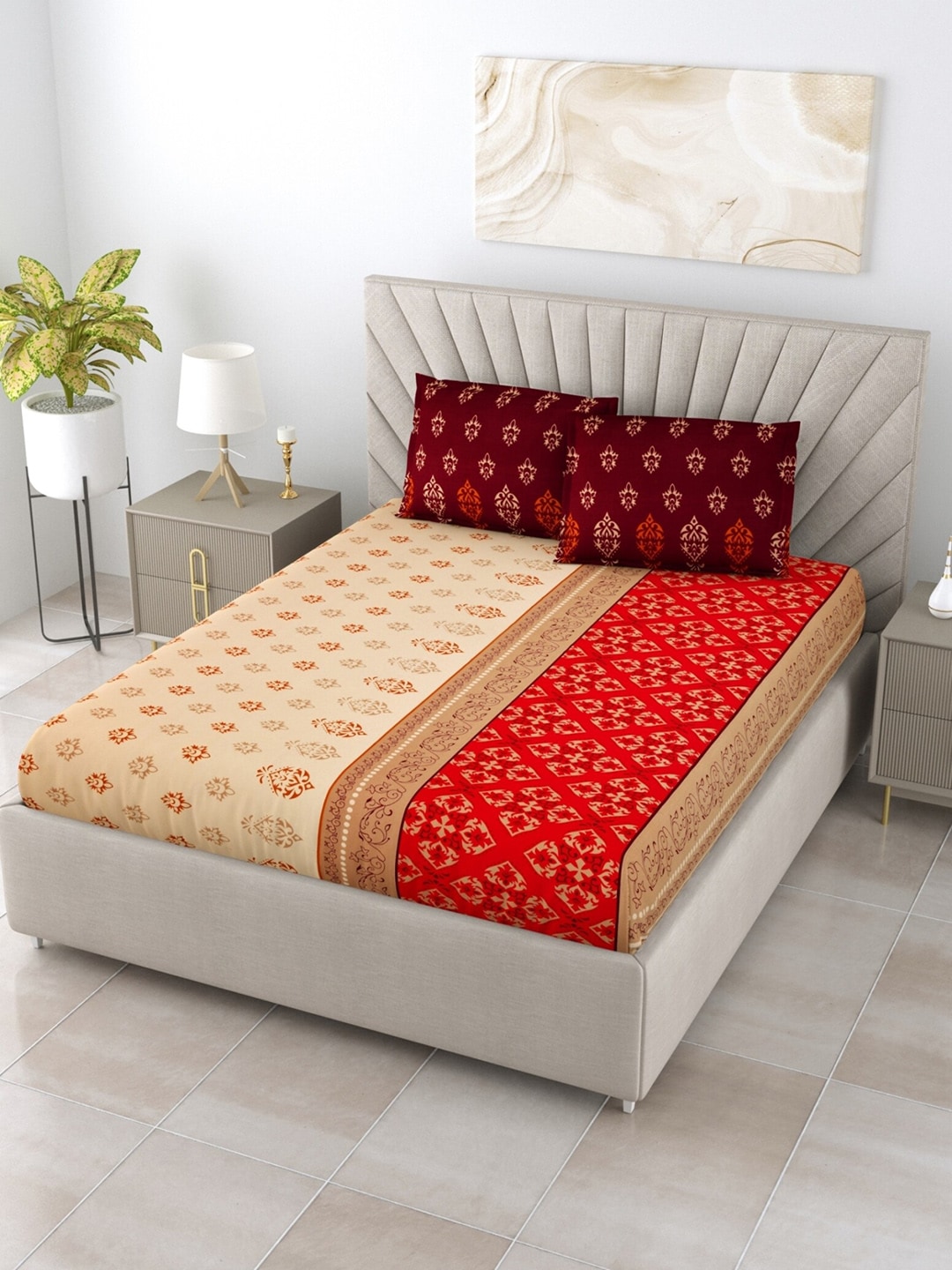 Salona Bichona Beige & Maroon Ethnic Motifs 120 TC Queen Bedsheet with 2 Pillow Covers Price in India