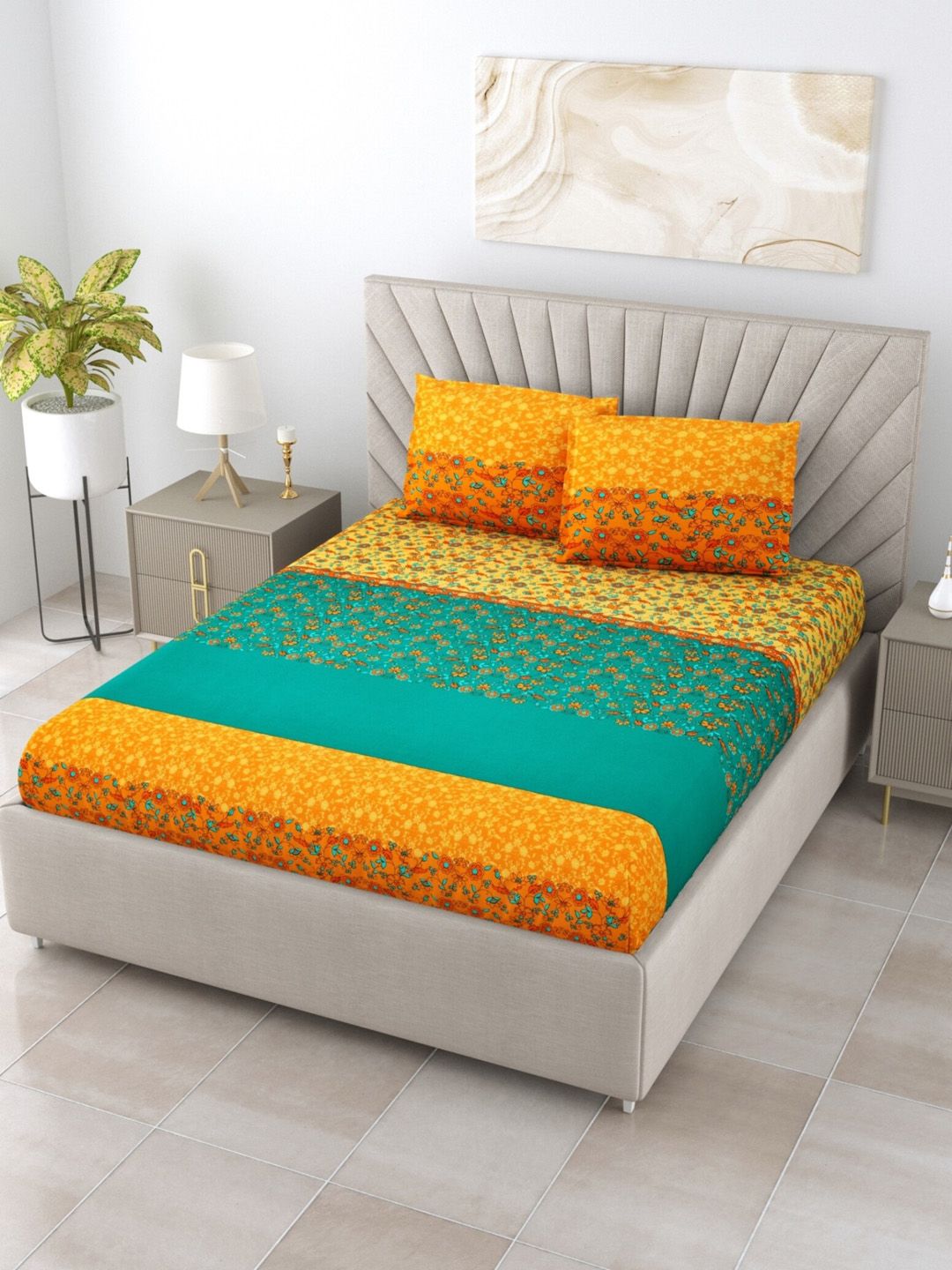 Salona Bichona Yellow & Green Floral 120 TC King Bedsheet with 2 Pillow Covers Price in India