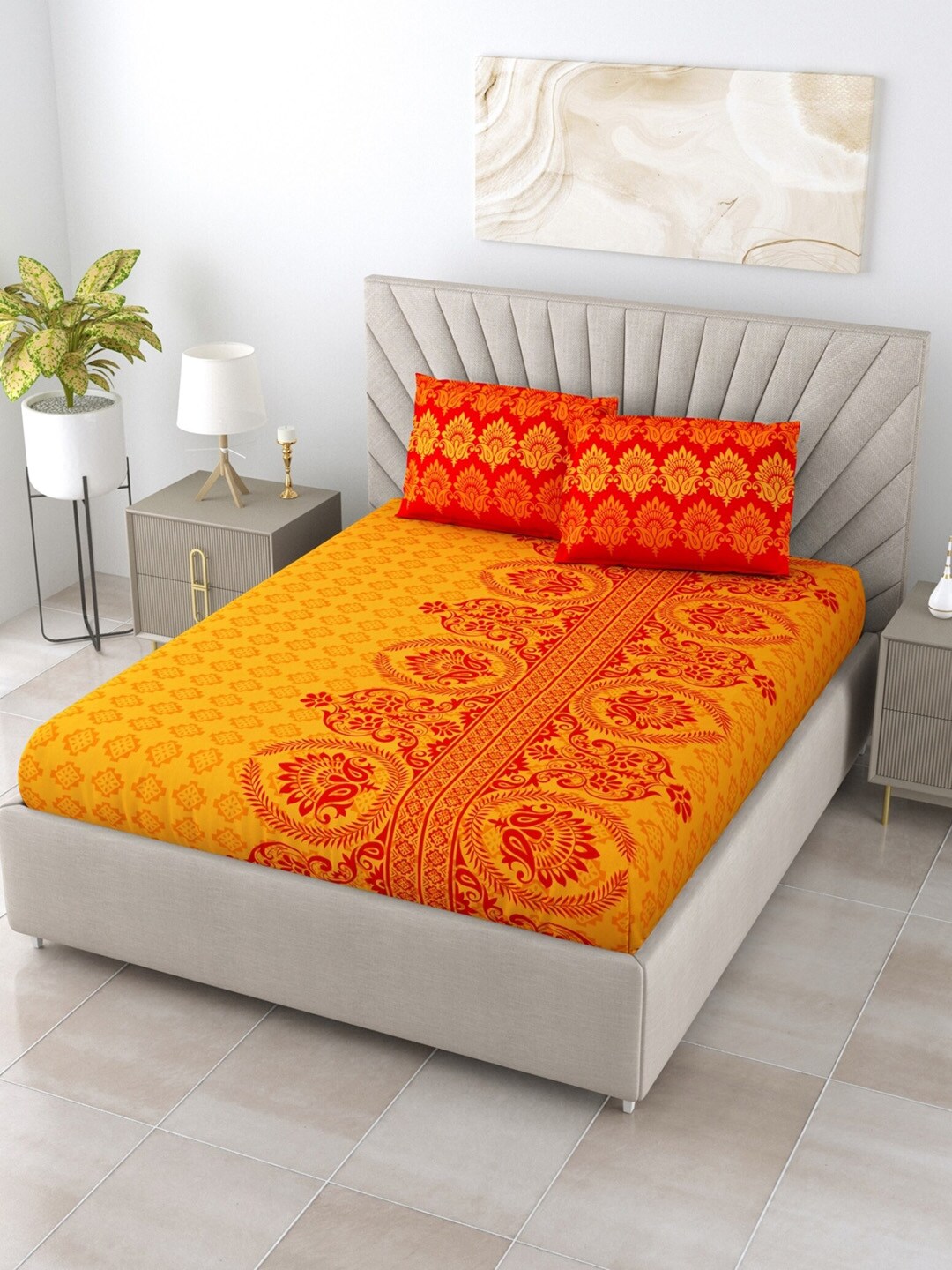 Salona Bichona Yellow & Red Ethnic Motifs 120 TC Queen Bedsheet with 2 Pillow Covers Price in India