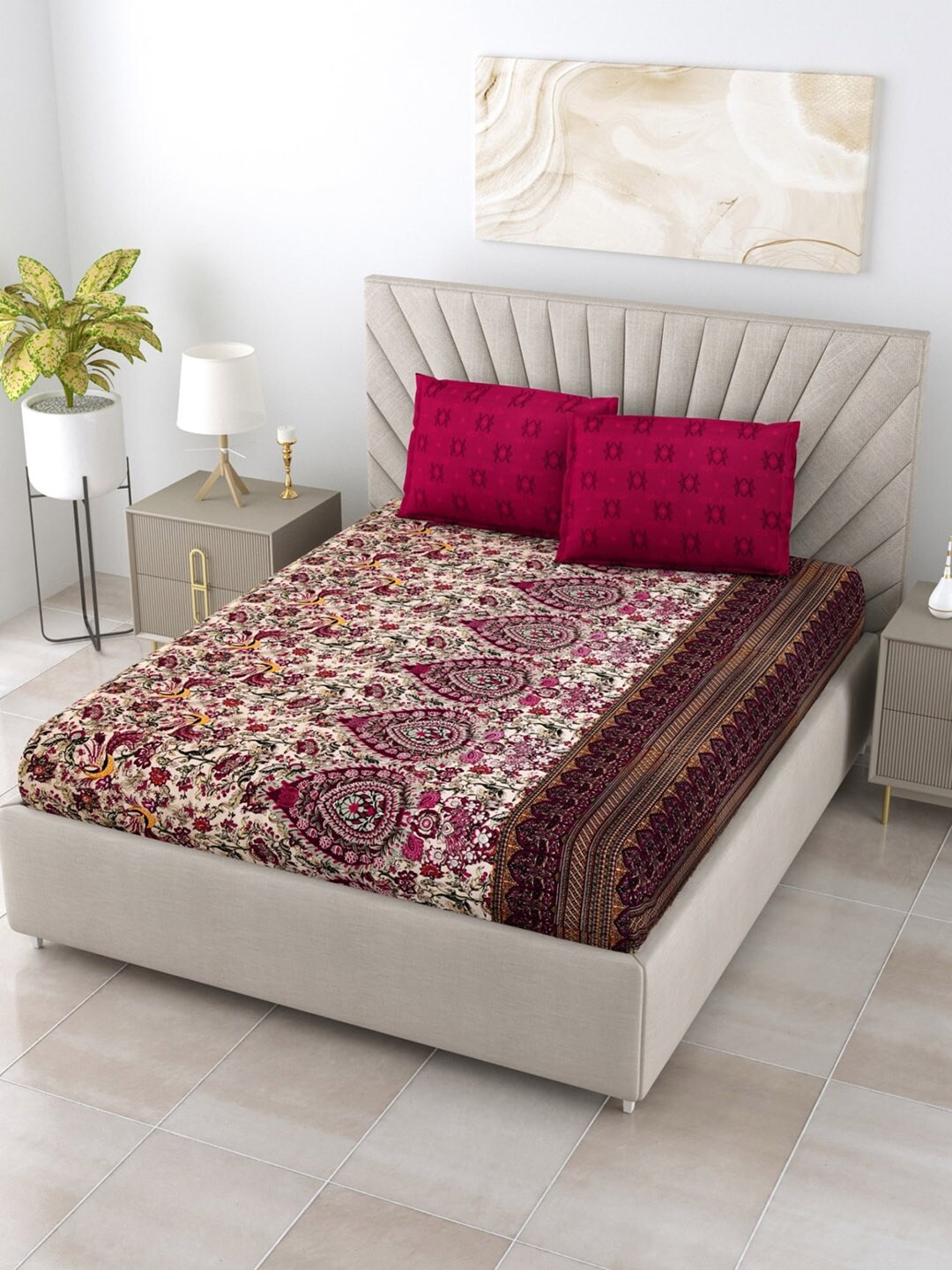 Salona Bichona Maroon & Brown Floral 120 TC Queen Cotton Bedsheet with 2 Pillow Covers Price in India