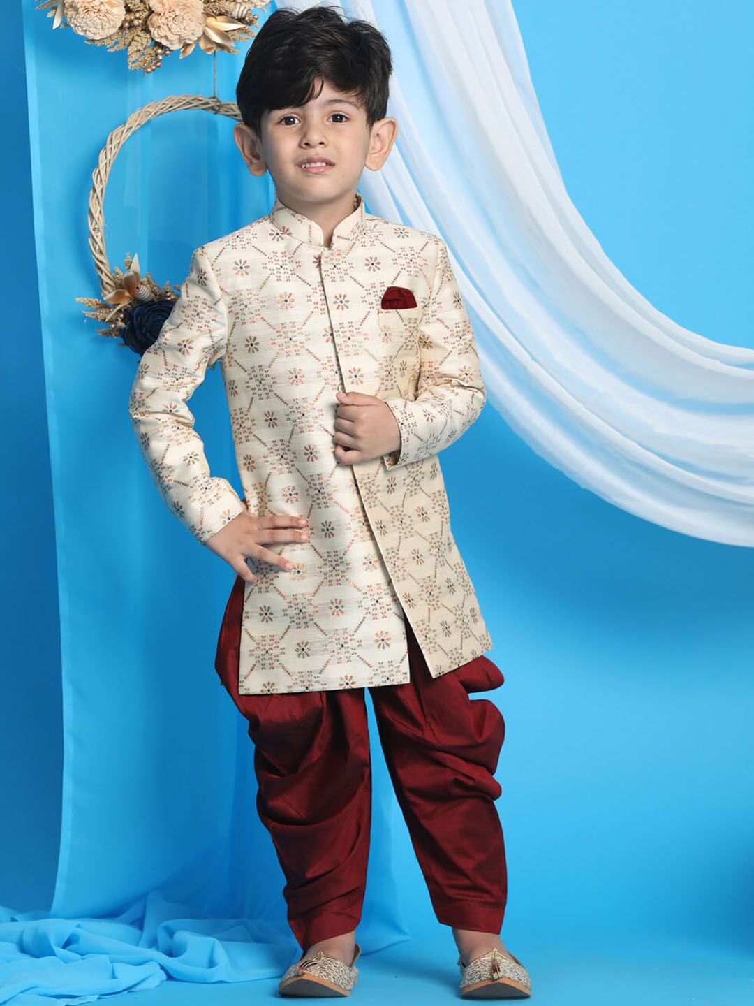 VASTRAMAY Boys Beige & Maroon Printed Slim Fit Sherwani Set