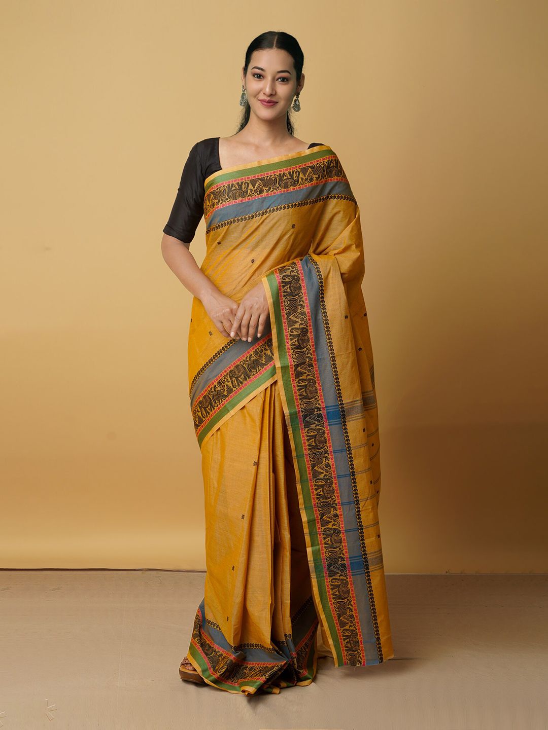 Unnati Silks Yellow & Green Woven Design Pure  Handloom Pavani Chettinad Cotton Saree Price in India