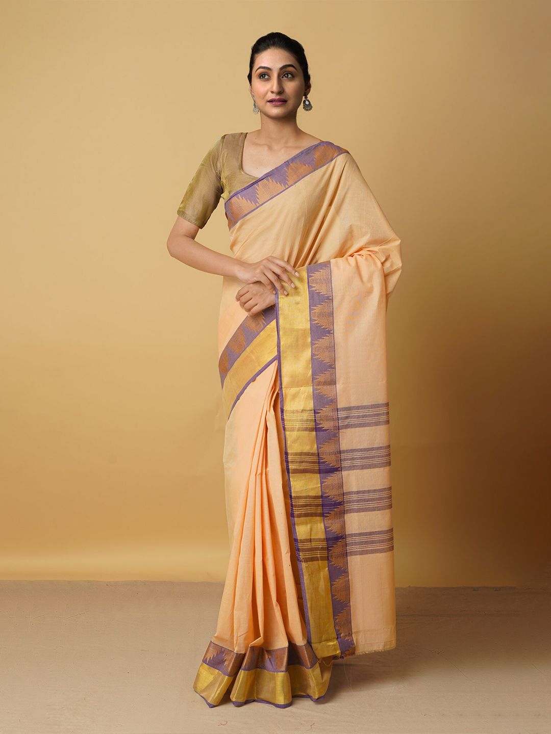 Unnati Silks Cream-Coloured & Brown Woven Design Zari Pure Cotton Venkatgiri Saree Price in India