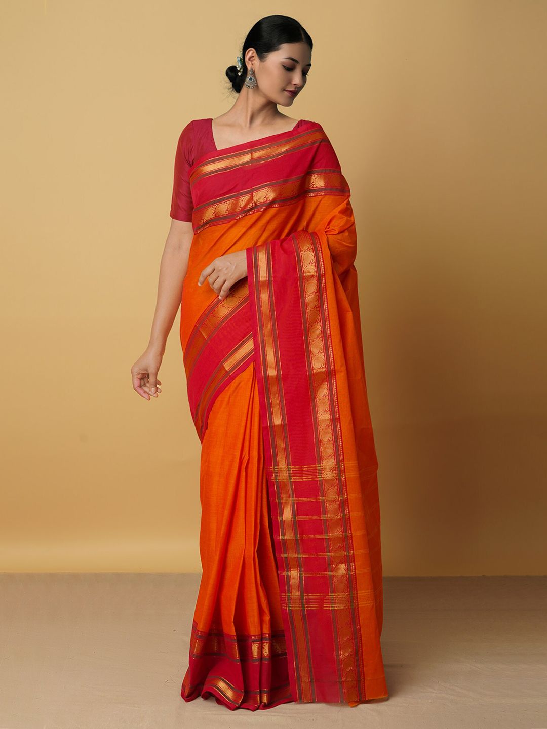 Unnati Silks Orange & Red Zari Pure Cotton Chettinad Saree Price in India