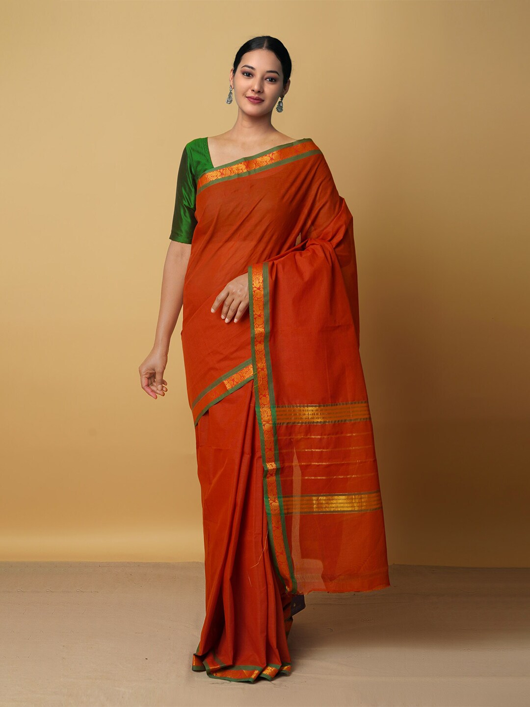 Unnati Silks Orange & Gold-Toned Zari Pure Cotton Venkatgiri Saree Price in India