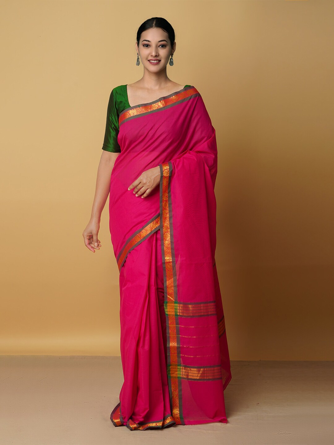 Unnati Silks Pink & Grey Zari Pure Cotton Venkatgiri Saree Price in India