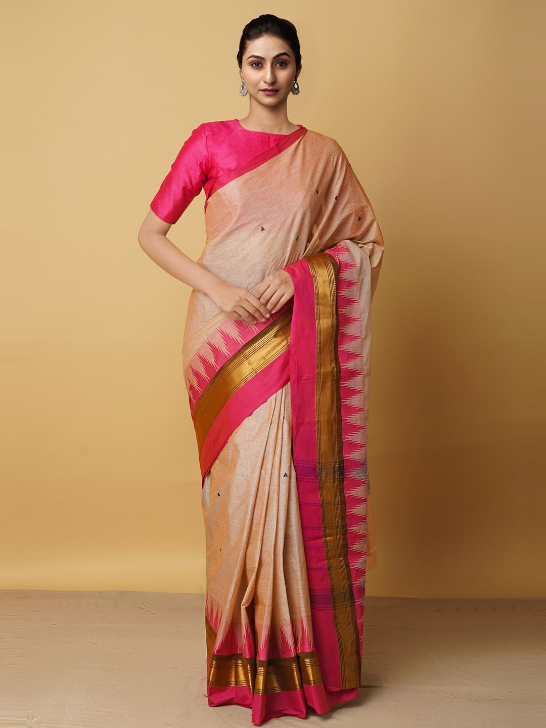 Unnati Silks Cream-Coloured & Pink Woven Design Zari Pure Cotton Chettinad Saree Price in India
