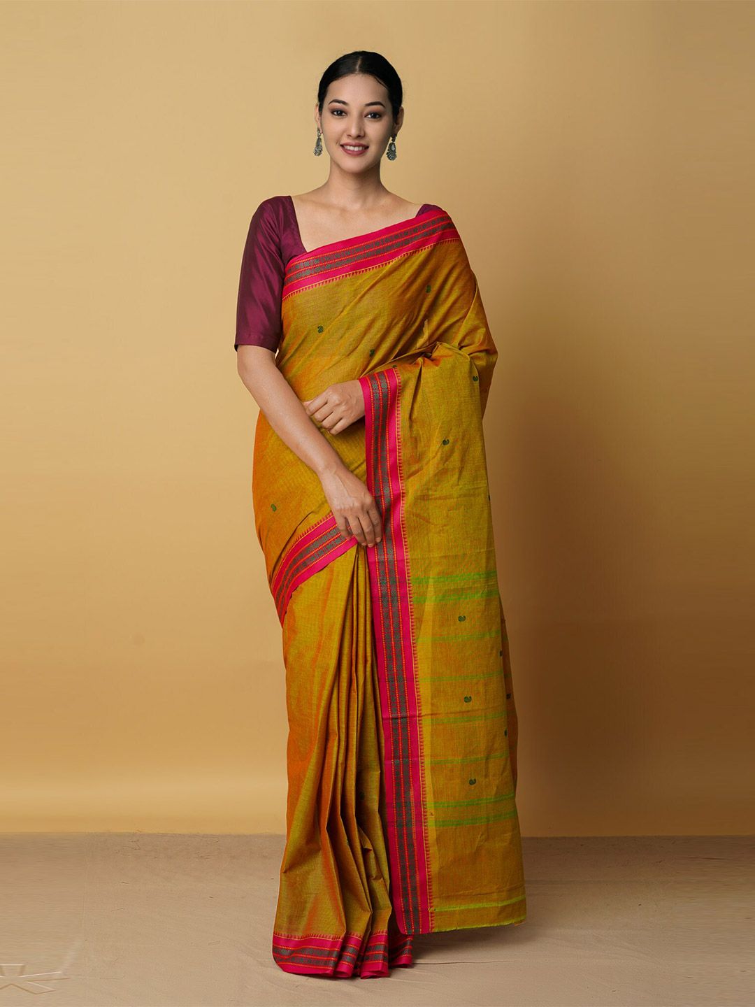 Unnati Silks Green & Red Woven Design Zari Pure Cotton Chettinad Saree Price in India