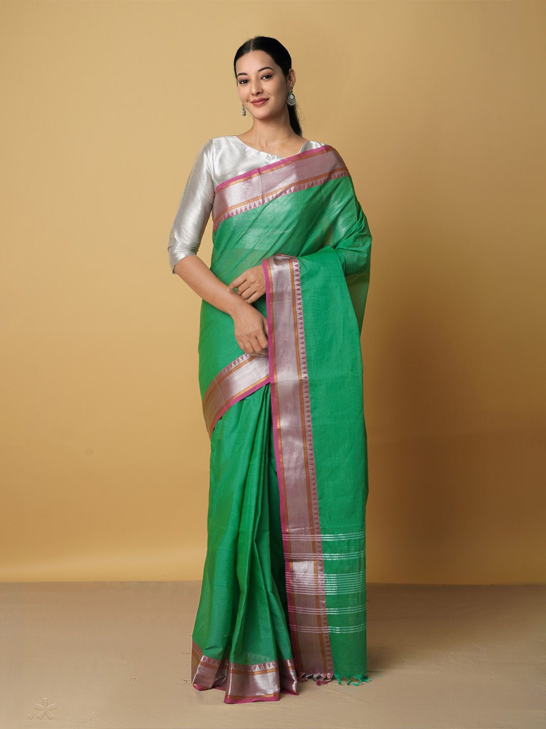 Unnati Silks Women Green & Pink Woven Design Zari Pure Cotton Chettinad Saree Price in India