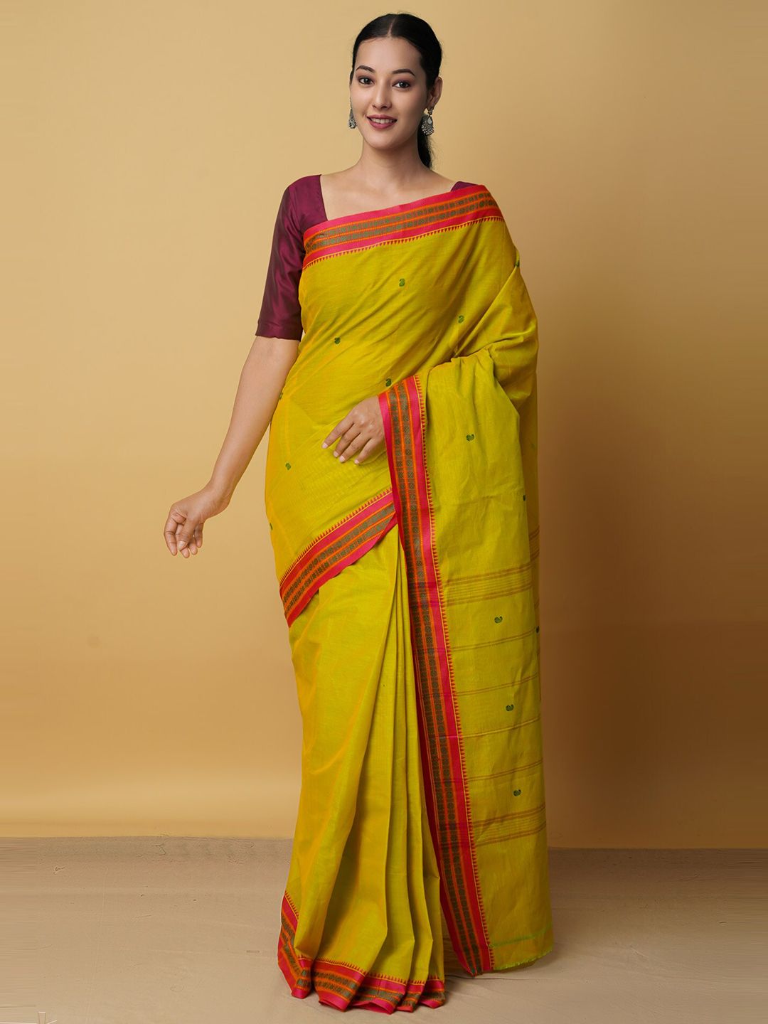 Unnati Silks Green & Pink Woven Design Zari Pure Cotton Chettinad Saree Price in India
