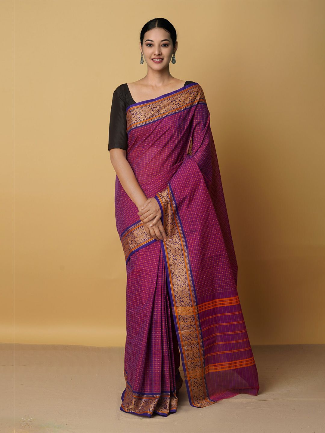 Unnati Silks Purple & Gold-Toned Zari Pure Cotton Chettinad Saree Price in India