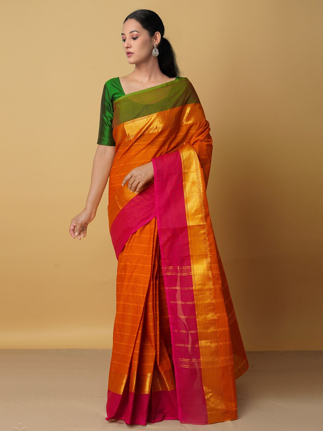 Unnati Silks Orange & Pink Woven Design Zari Pure Cotton Chettinad Saree Price in India