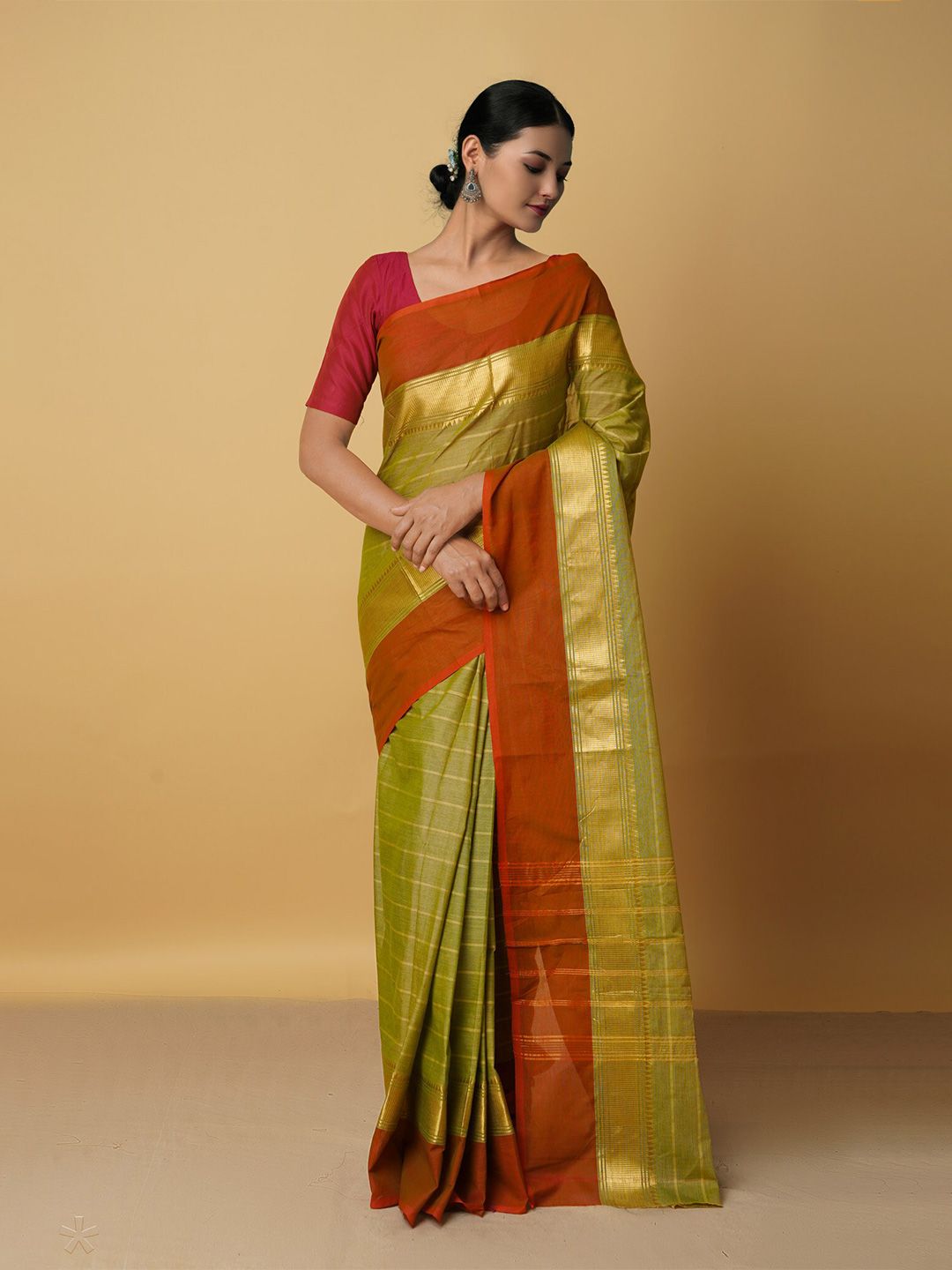 Unnati Silks Green & Red Woven Design Zari Pure Cotton Chettinad Saree Price in India