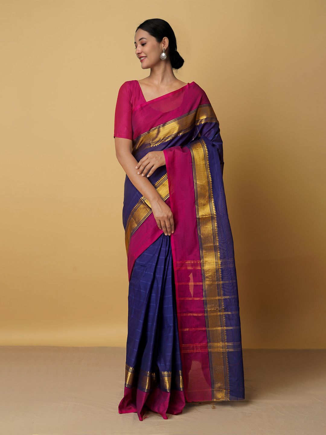 Unnati Silks Navy Blue & Pink Woven Design Zari Pure Cotton Chettinad Saree Price in India